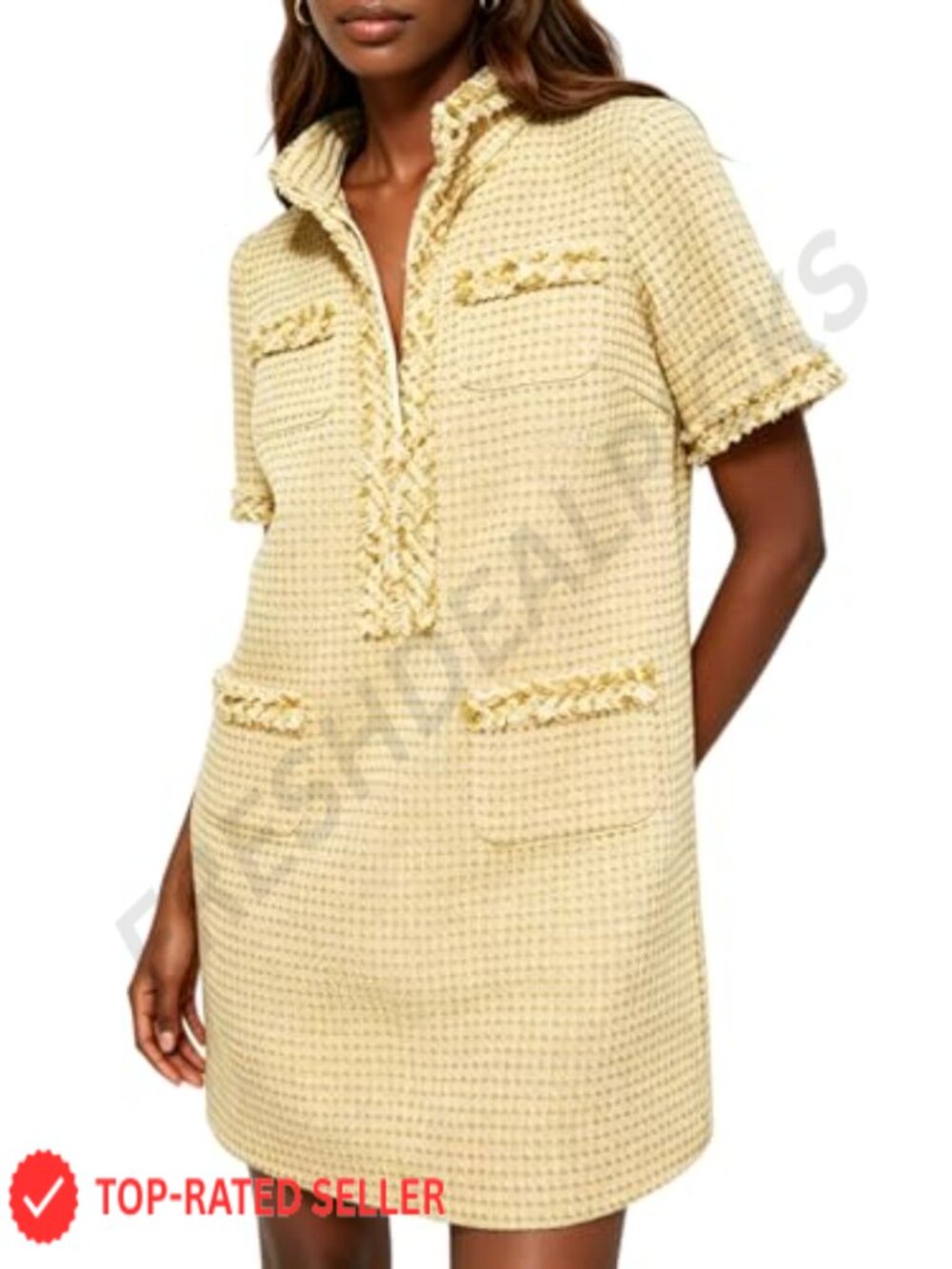 Tweed Mini Dress Short Sleeve Straight Tube Half Zip A-Line Nubby Pockets